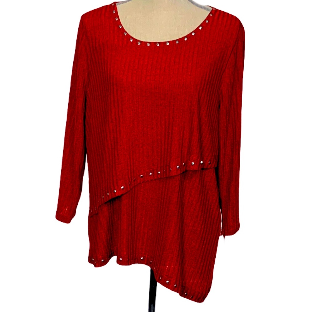 Ruby Rd. Red Asymmetrical Studded Blouse. Size PXL